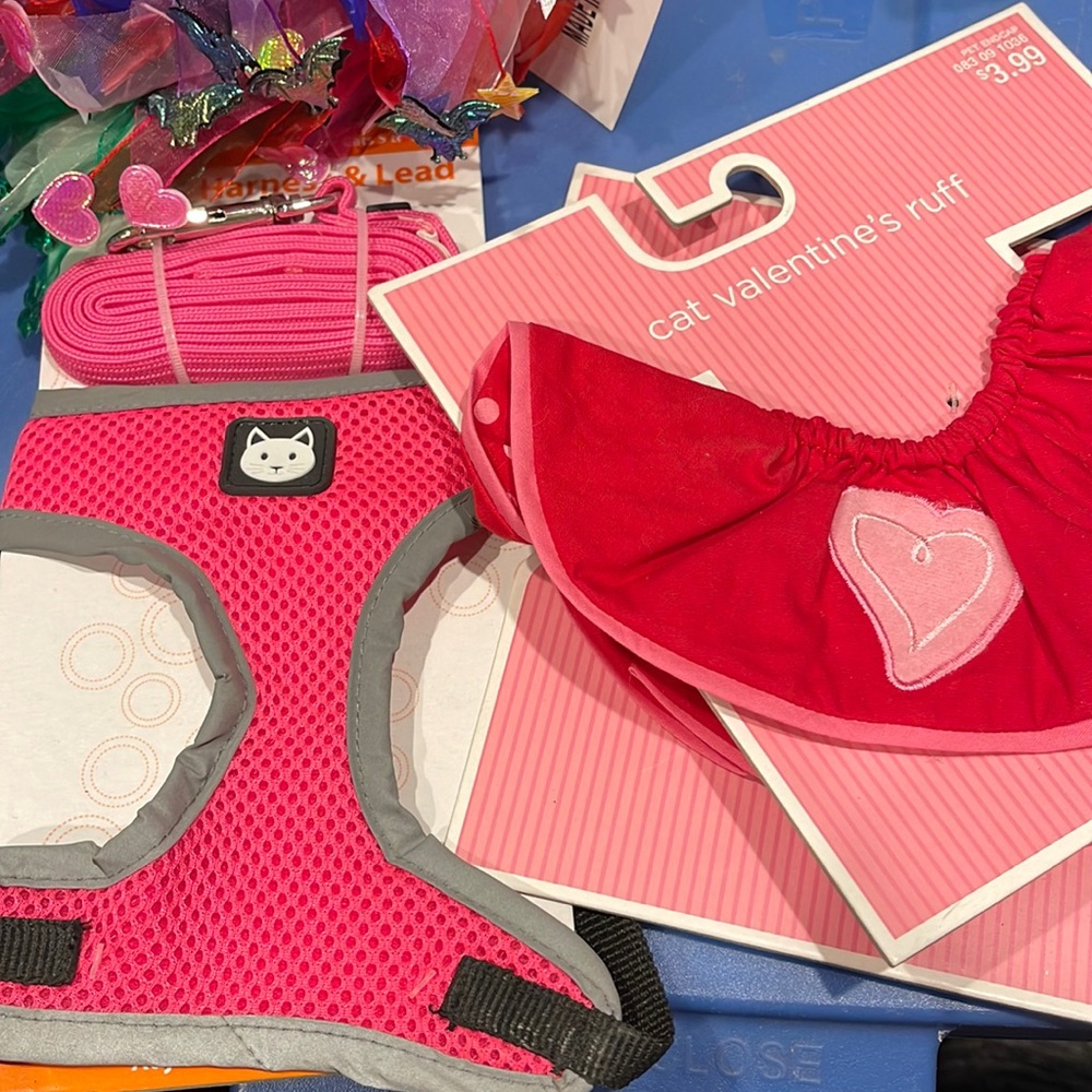 Cat harness, leash, two valentines ruffs.